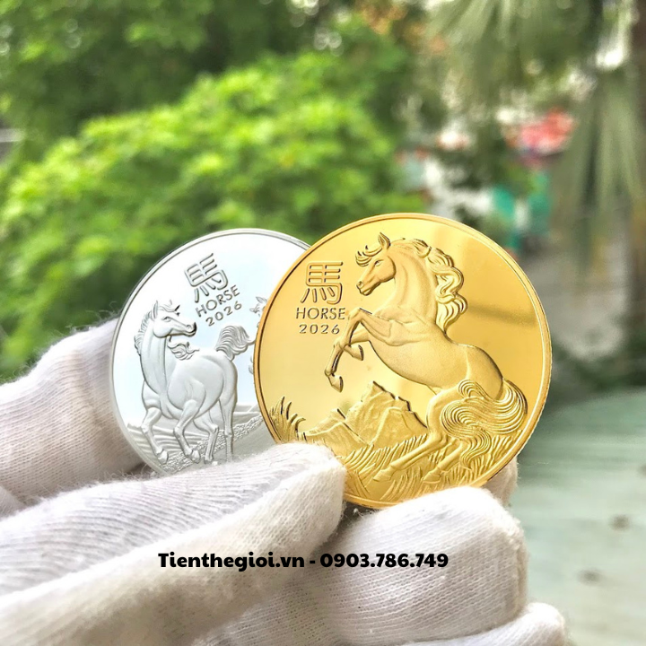 Cặp Xu Úc Hình Con Ngựa Mạ Vàng Bạc tặng Túi Gấm Lộc